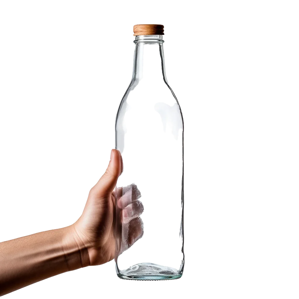 Hand Holding Tall Clear Glass Bottle With Cork Free PNG