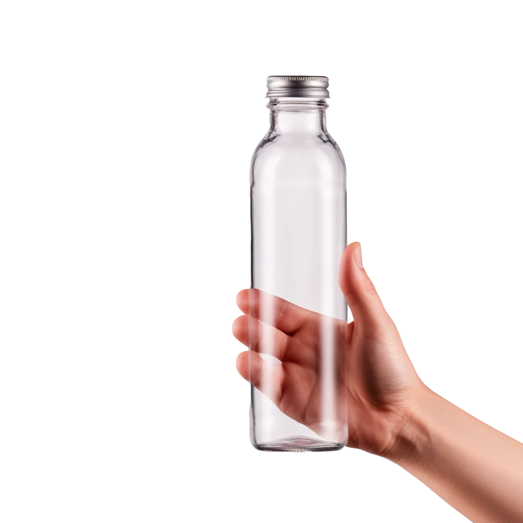 Hand Holding Clear Glass Beverage Bottle Mockup Free PNG