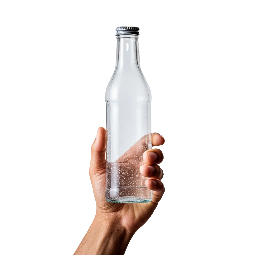 Hand Holding Tall Clear Glass Soda Bottle Mockup Free PNG