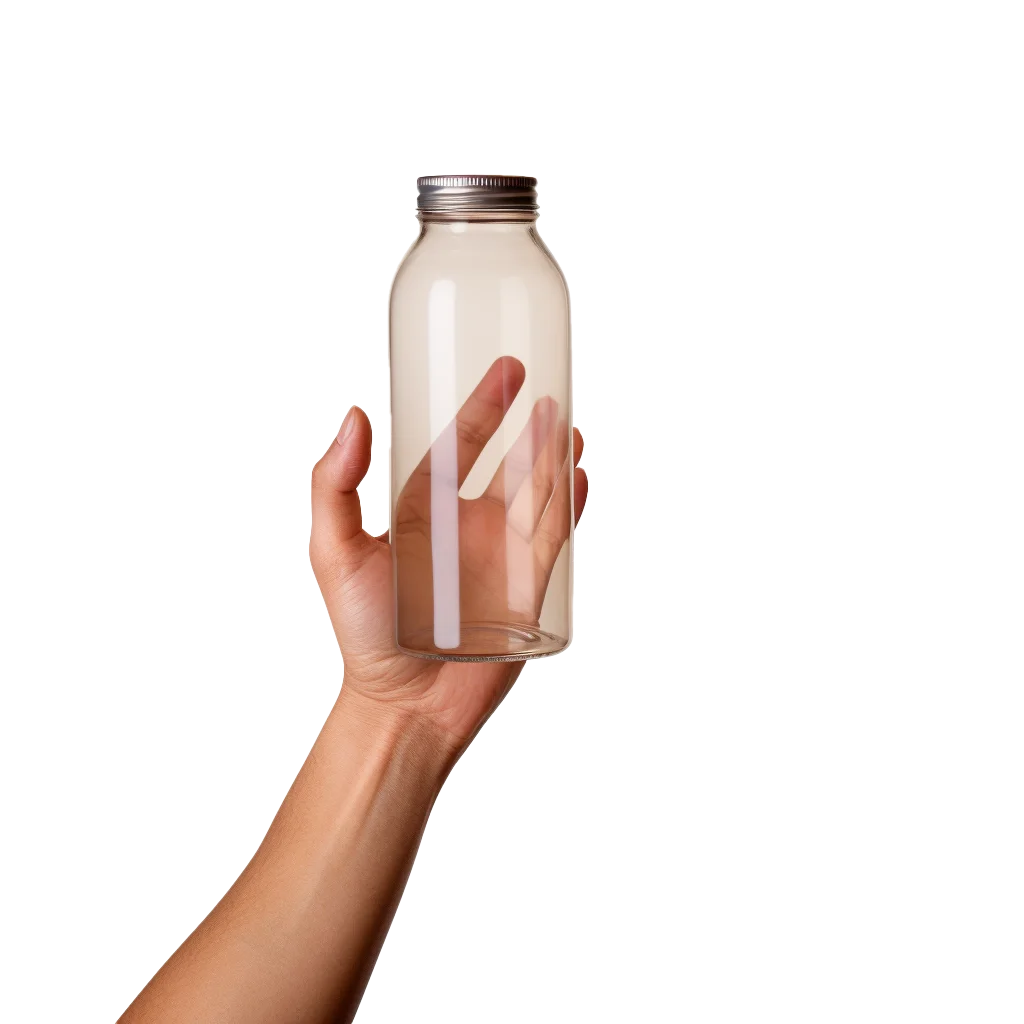 Hand Holding Clear Glass Beverage Bottle Mockup Free PNG