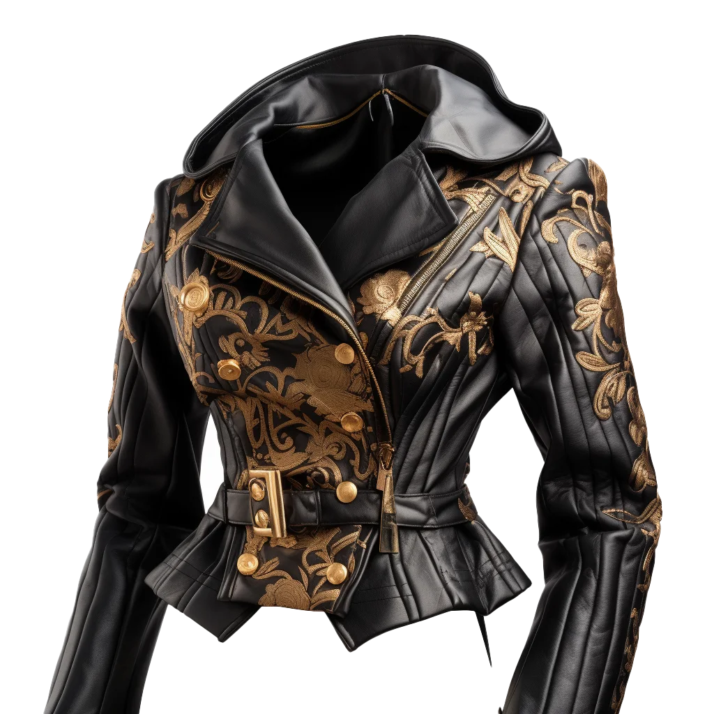Black Leather Biker Jacket With Gold Embroidery Free PNG