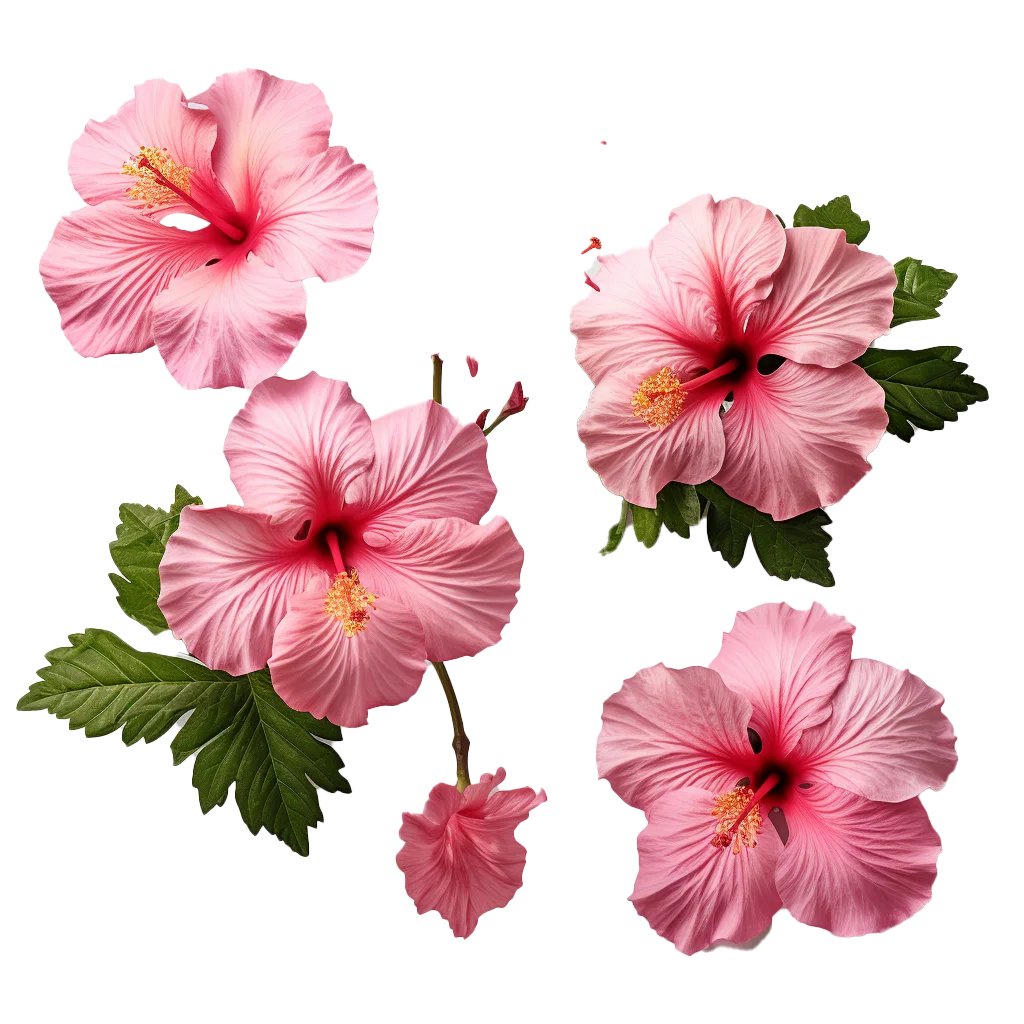 Pink Hibiscus Blossoms With Green Leaves Cluster Free PNG