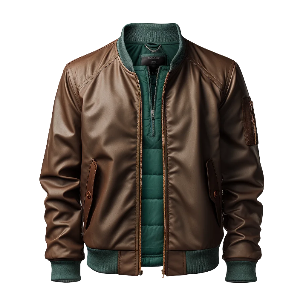 Mens Brown Leather Bomber Jacket With Puffer Vest Free PNG