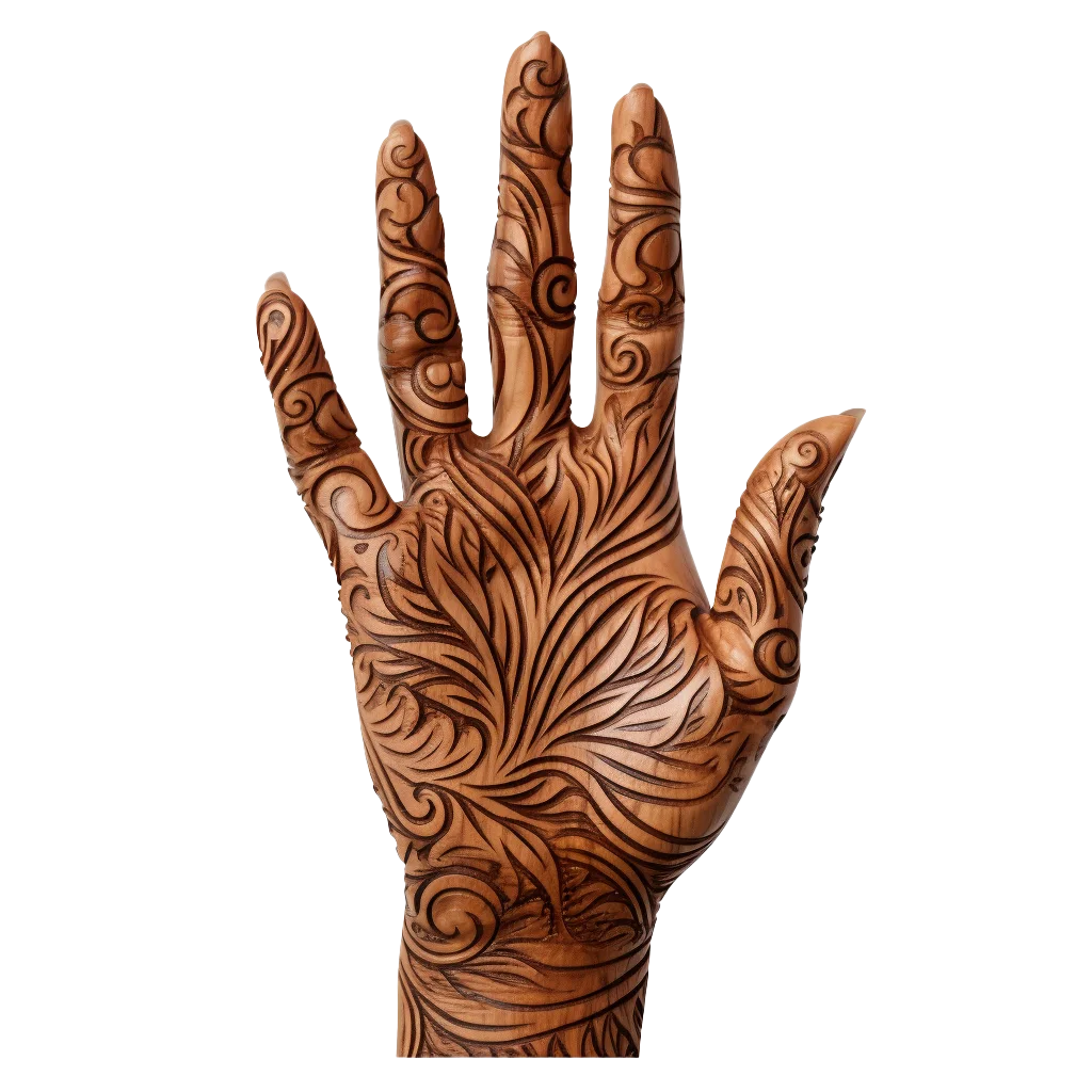 Detailed Floral Carved Wooden Hand Palm Sculpture Free PNG