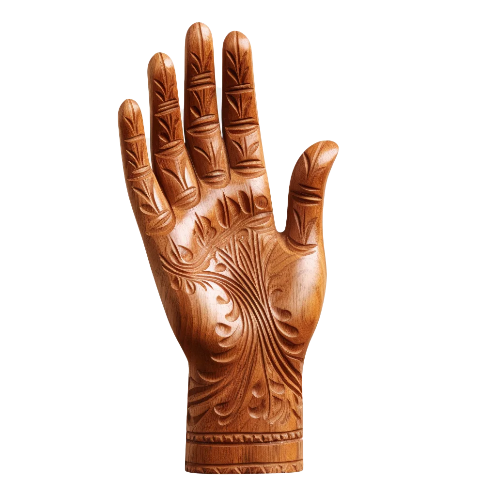 Hand Carved Henna Pattern Wooden Hand Palm Sculpture Free PNG