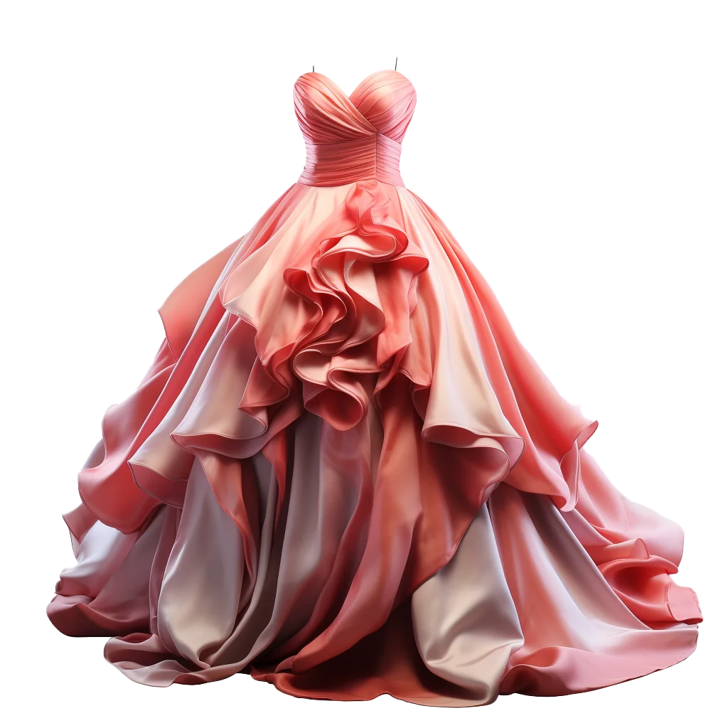 Coral Pink Rose Petal Ruffled Evening Ball Gown Free PNG