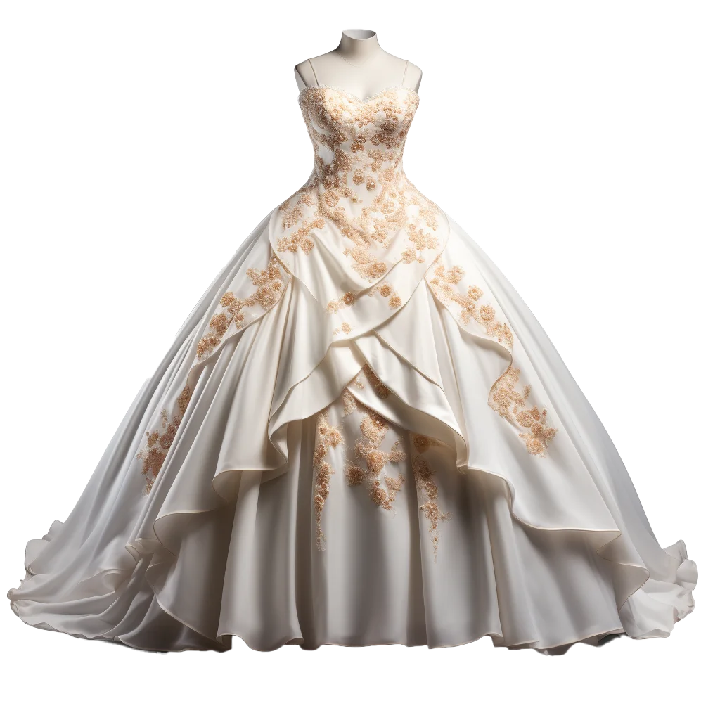 Ivory Satin Bridal Ball Gown Gold Embroidery Free PNG
