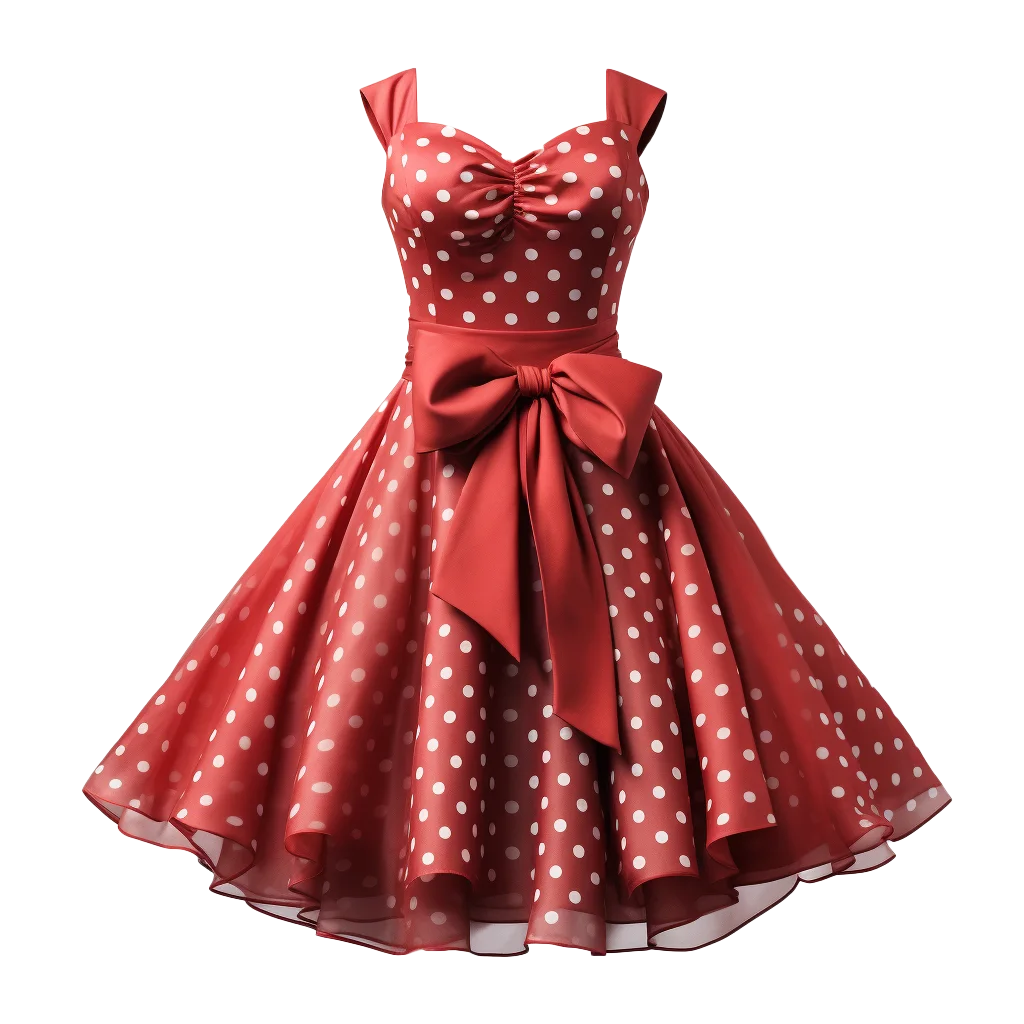 Vintage Red Polka Dot Flared V-Neck Party Dress Free PNG