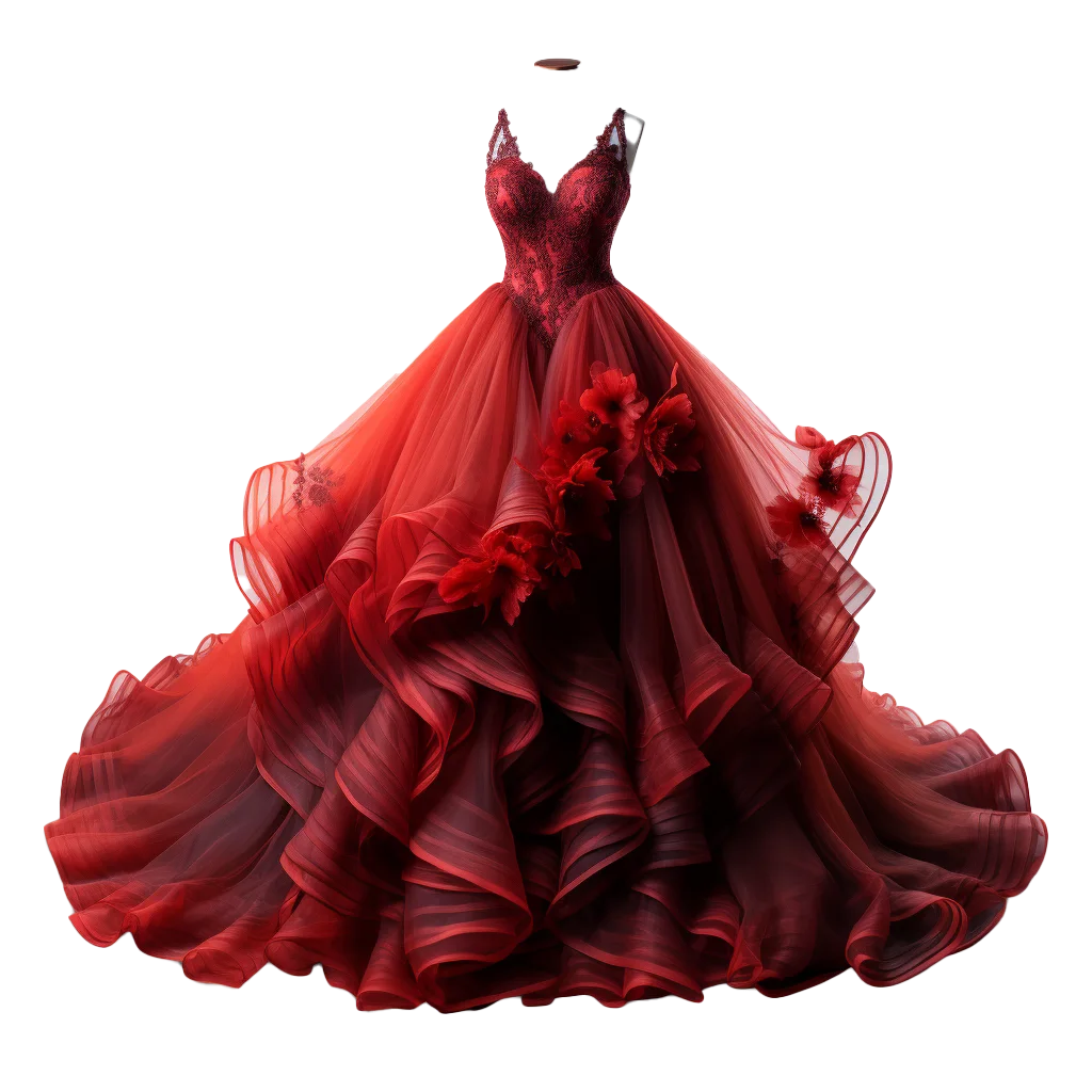 Crimson Red Ruffled Tiered Tulle Evening Ball Gown Free PNG