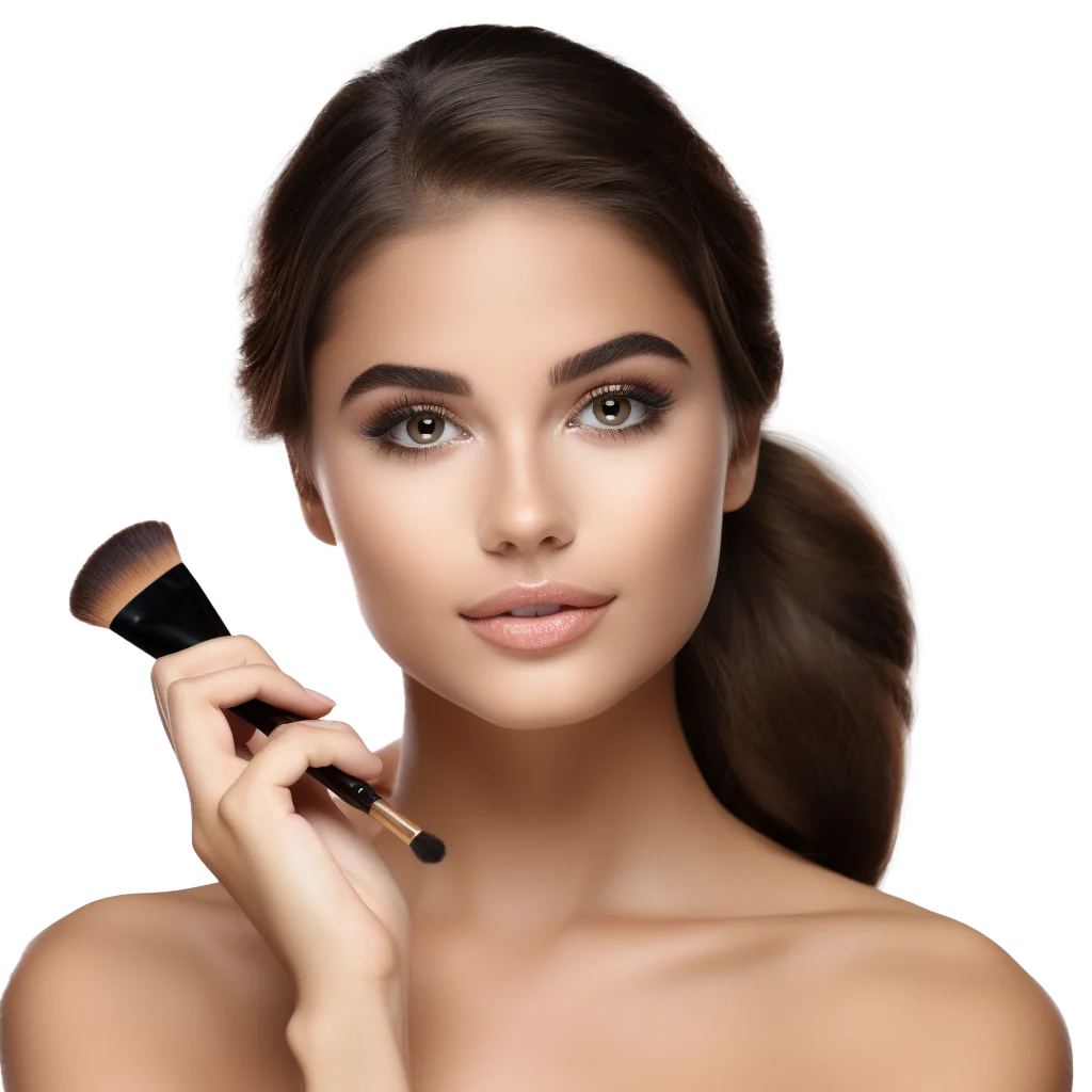 Glamorous Beauty Model Holding Powder Makeup Brush Free PNG