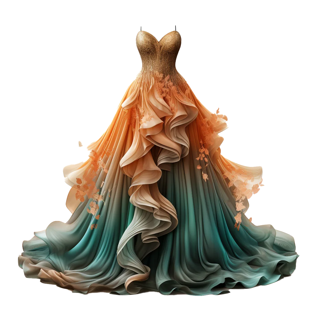 Ombre Gold And Emerald Tiered Tulle Ball Gown Free PNG