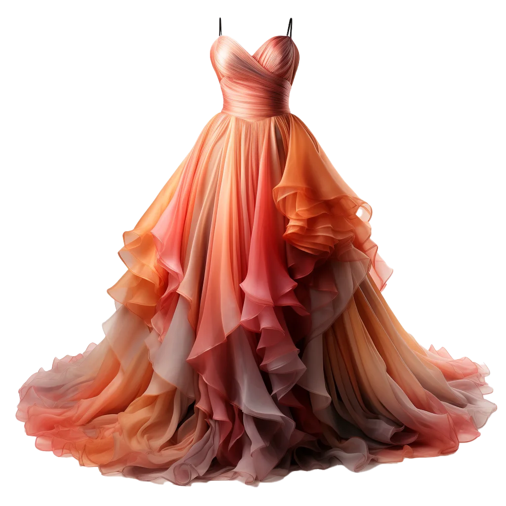 Sunset Orange Tiered Tulle Ombre Ball Gown Free PNG