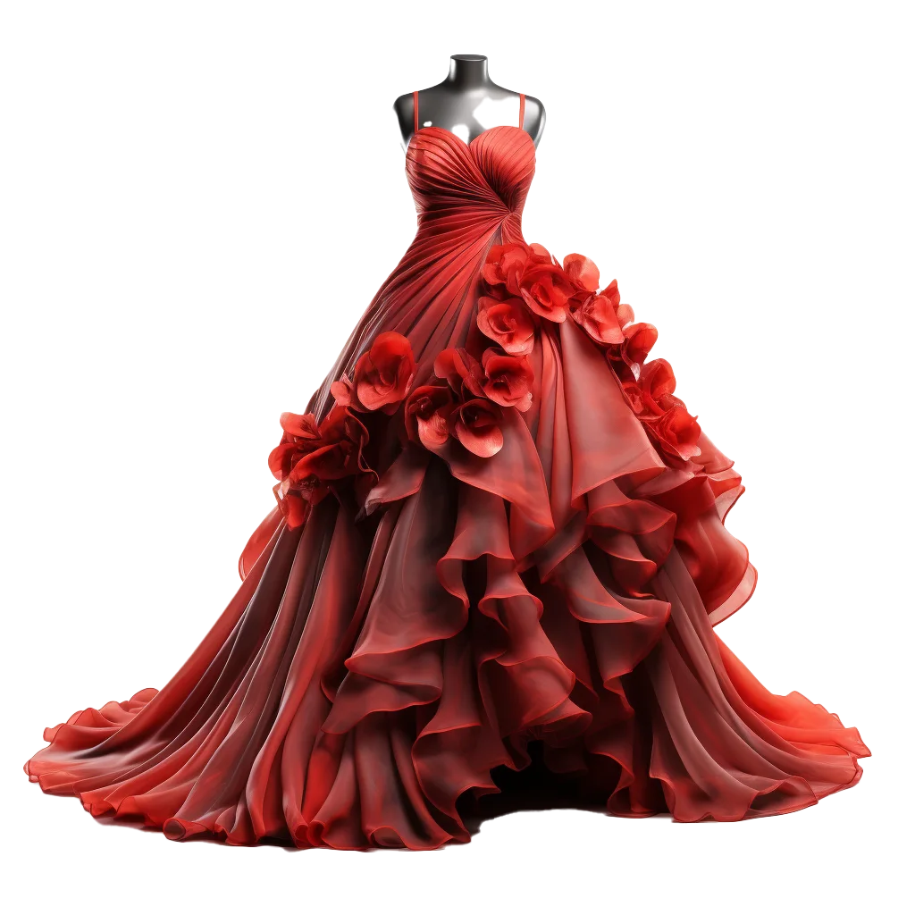 Couture Red Ruffled Tulle Evening Ball Gown Free PNG