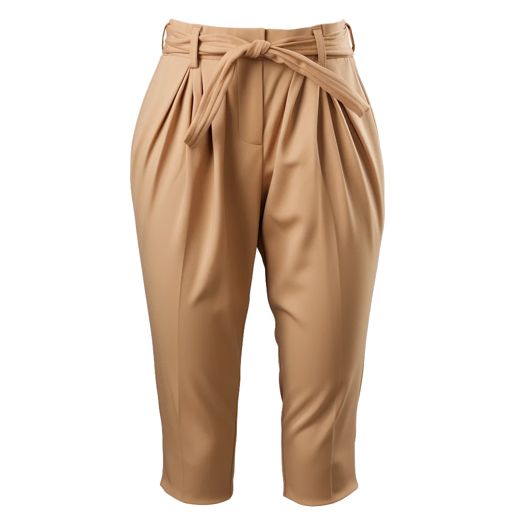 Tan Pleated Paperbag Waist Trousers Pants Free PNG