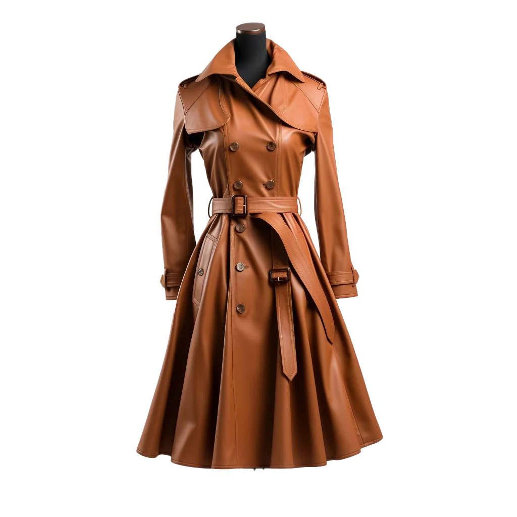 Womens Tan Brown Leather Trench Coat Fashion Free PNG