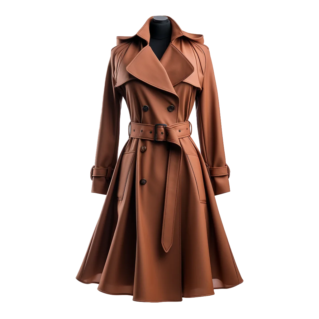 Classic Brown Leather Belted Trench Coat Cutout Free PNG