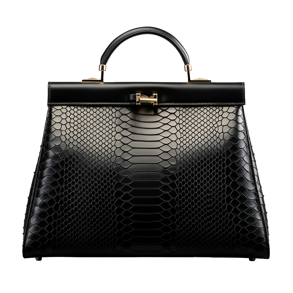 Black Snakeskin Leather Top-Handle Bag Free PNG