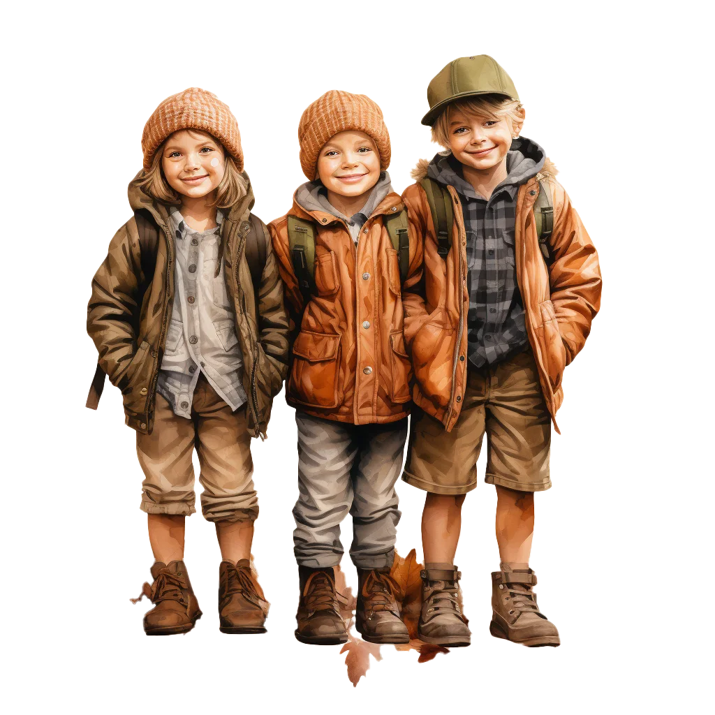Three Children Standing in Autumn Coats Free PNG