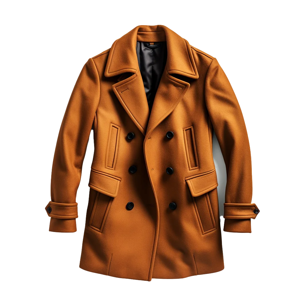 Men Tan Brown Double-Breasted Peacoat Free PNG
