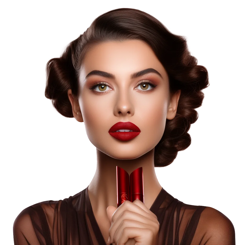 Vintage Brunette Model Holding Red Lipstick Bottle Free PNG