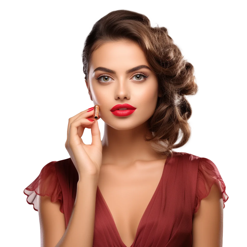 Vintage Beauty Model Touching Ear Red Evening Dress Free PNG