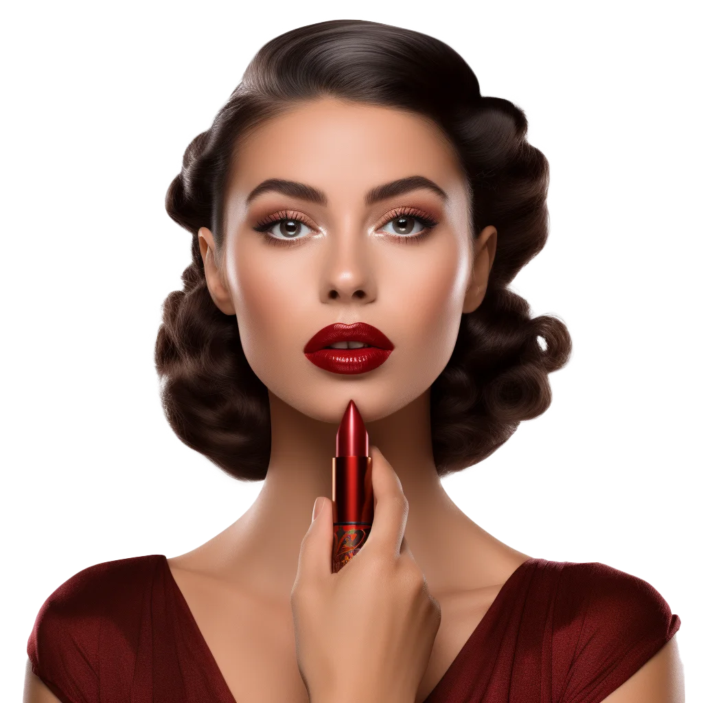 Retro Glamour Model Holding Red Lipstick Near Chin Free PNG