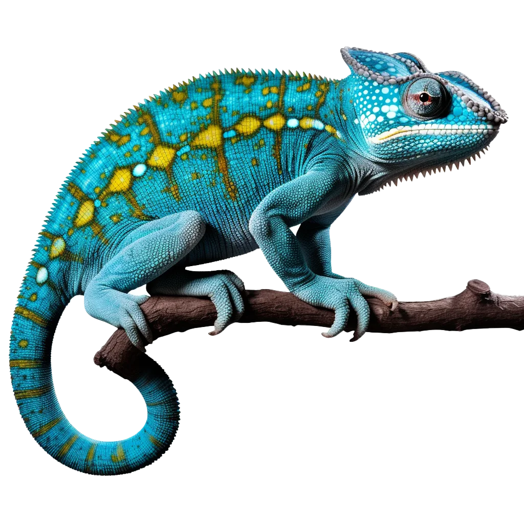 Blue Chameleon Perched on Wooden Branch Free PNG