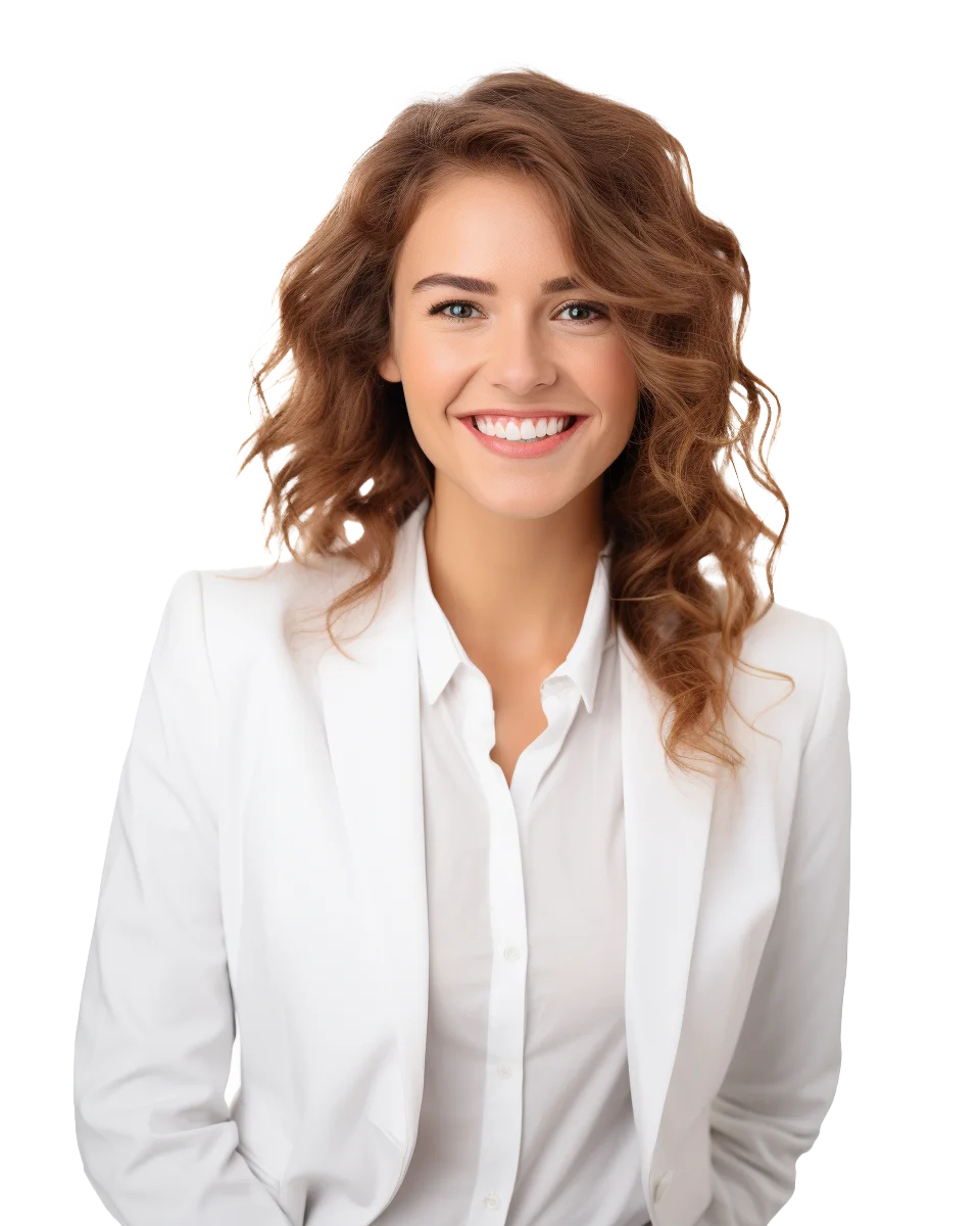 Cheerful Brunette Woman In White Blouse Portrait Free PNG