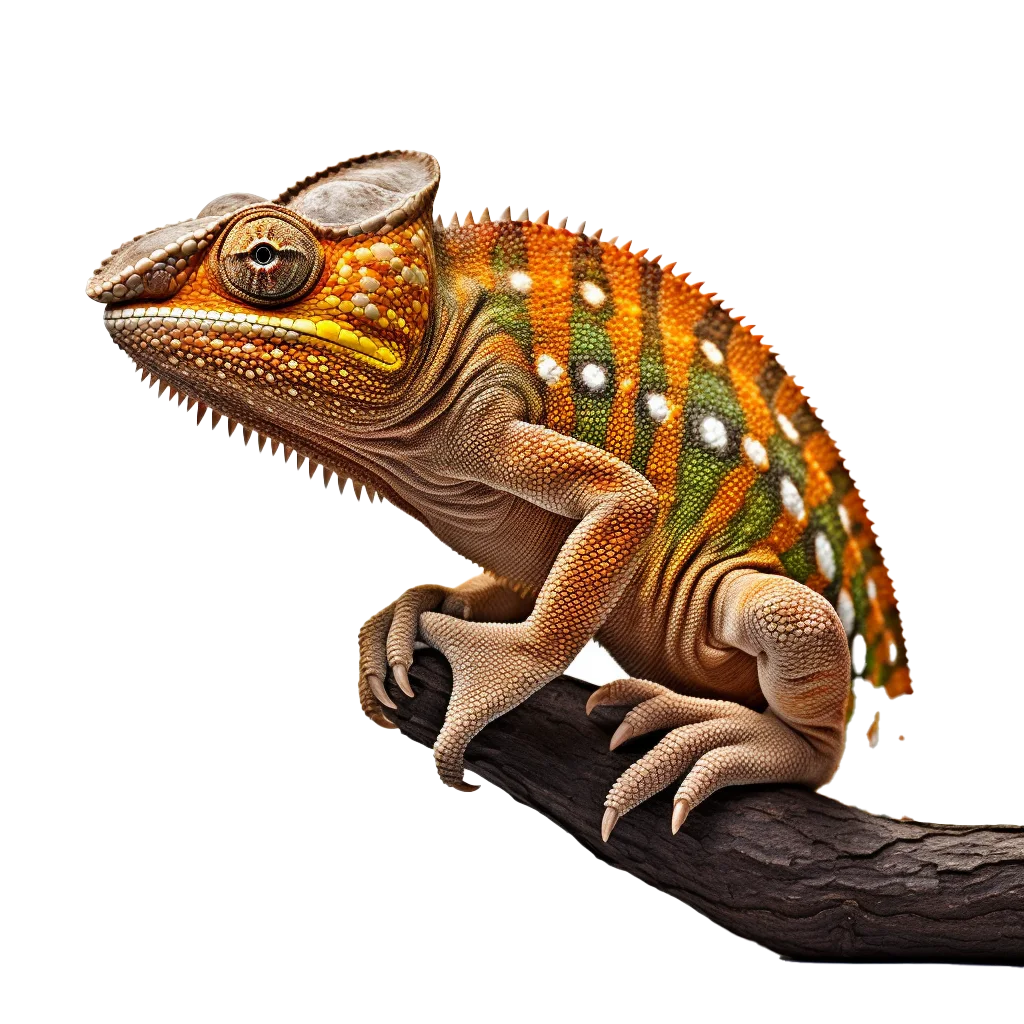 Striped Chameleon Perched On Wooden Log Cutout Free PNG
