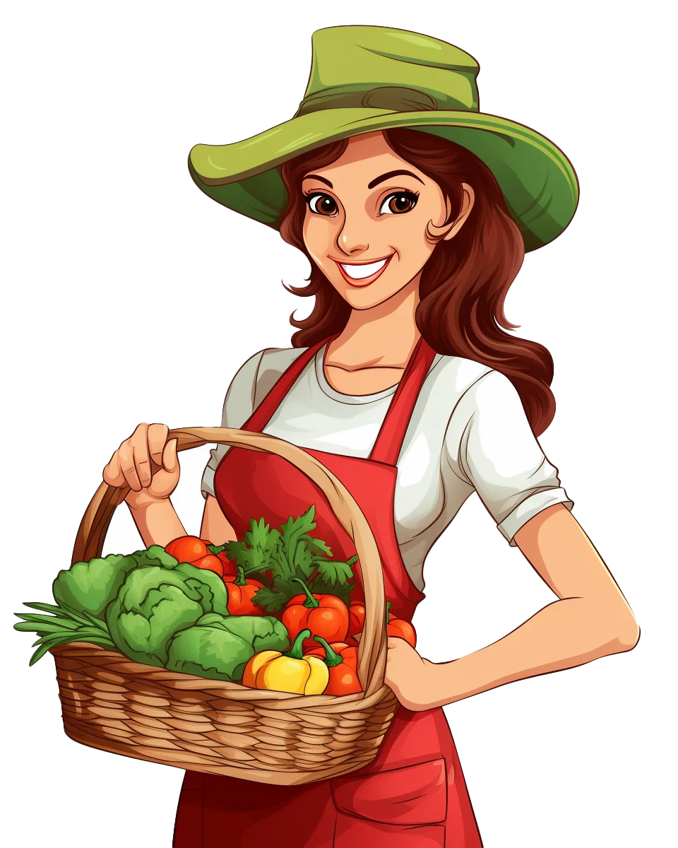 Cartoon Female Farmer Woman with Vegetable Basket Free PNG