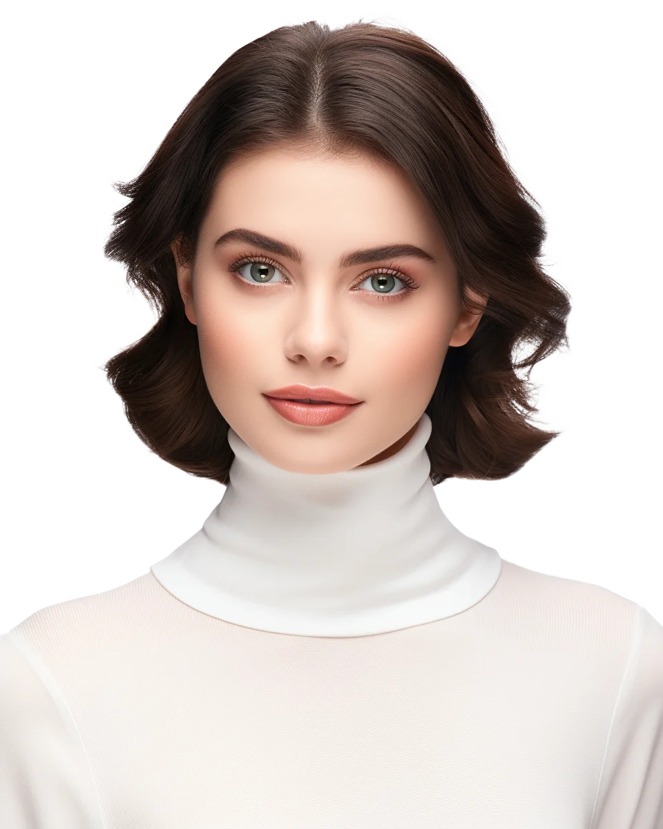 Young Female Model Face In White High Neck Shirt Free PNG