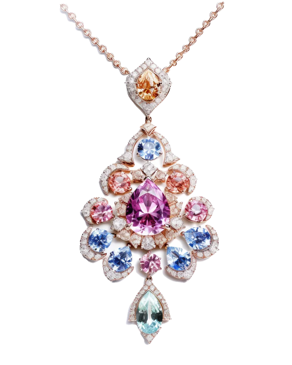 Pink Sapphire And Diamond Floral Cluster Gold Pendant Free PNG