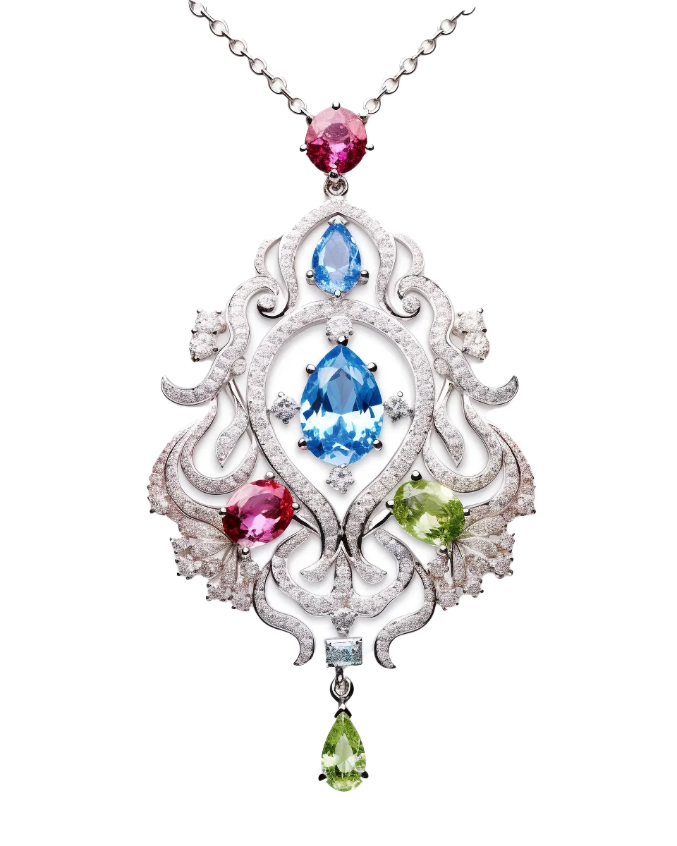 Vintage Silver Filigree Gemstone Chandelier Pendant Free PNG