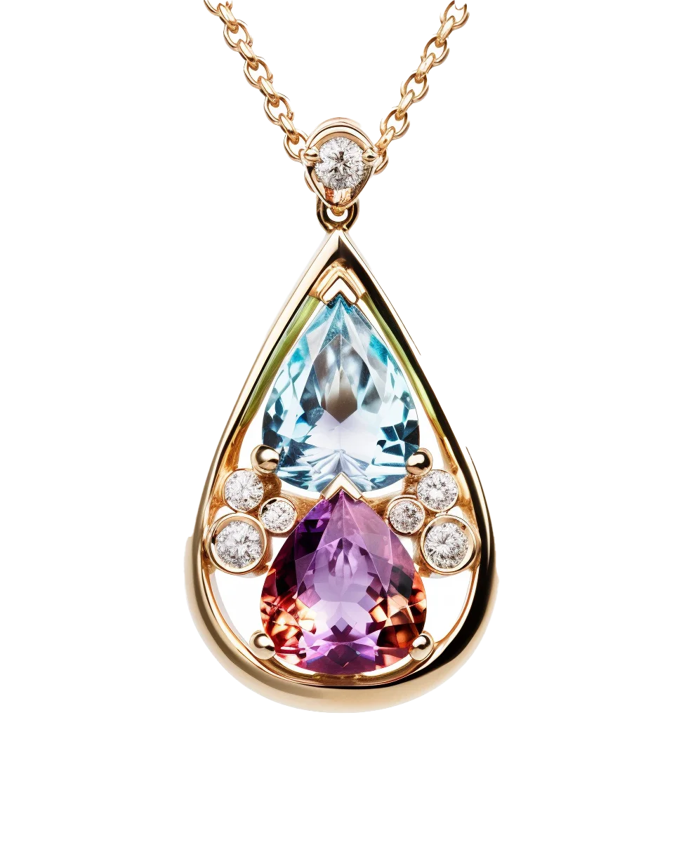 Pear Cut Aquamarine And Pink Tourmaline Gold Pendant Free PNG