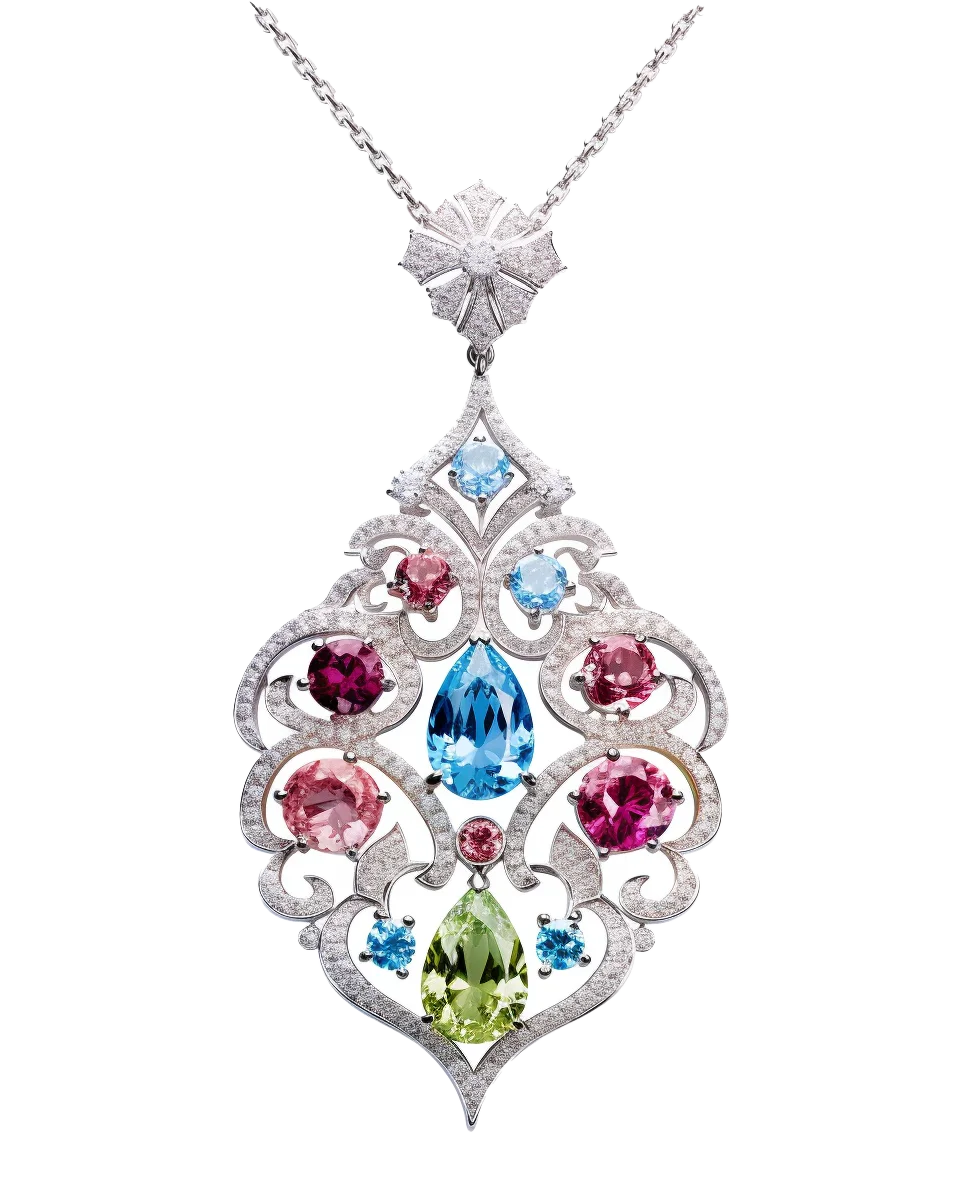 Filigree Teardrop Multicolor Gemstone Pendant Free PNG