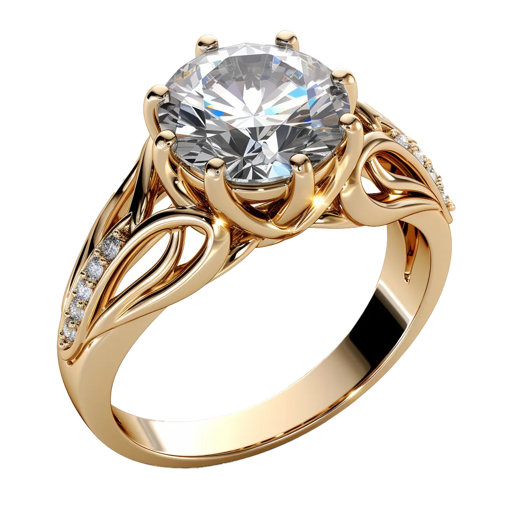 Yellow Gold Filigree Solitaire Diamond Cocktail Ring Free PNG