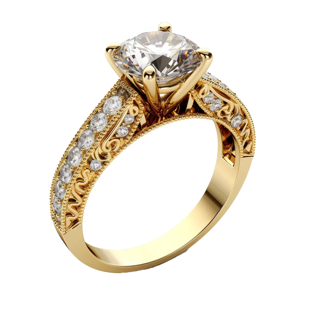 Yellow Gold Pave Diamond Solitaire Engagement Ring Free PNG