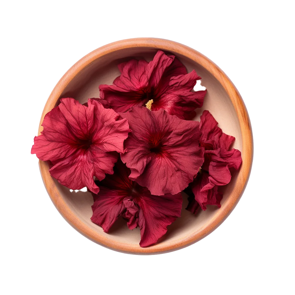 Dried Red Hibiscus Flower Petals In Wooden Bowl Free PNG
