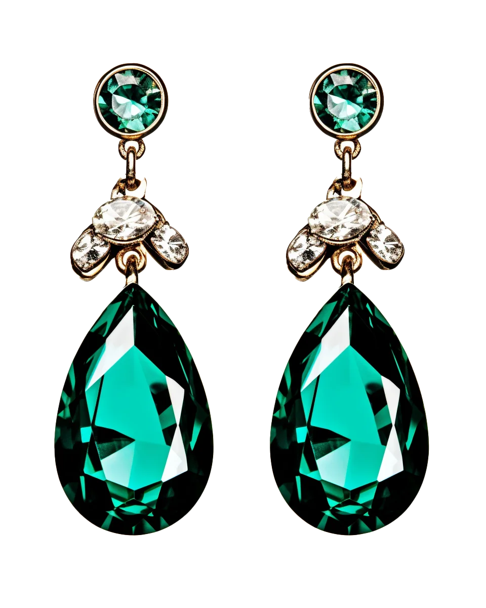 Faceted Pear Emerald Drop Earrings In Diamond Setting Free PNG
