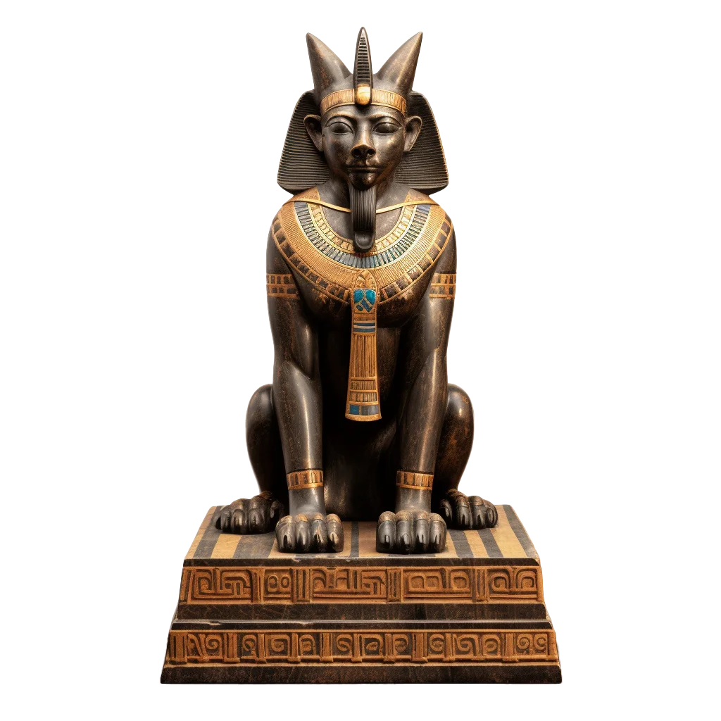 Ancient Bronze Bastet Cat Statue On Stone Plinth Free PNG