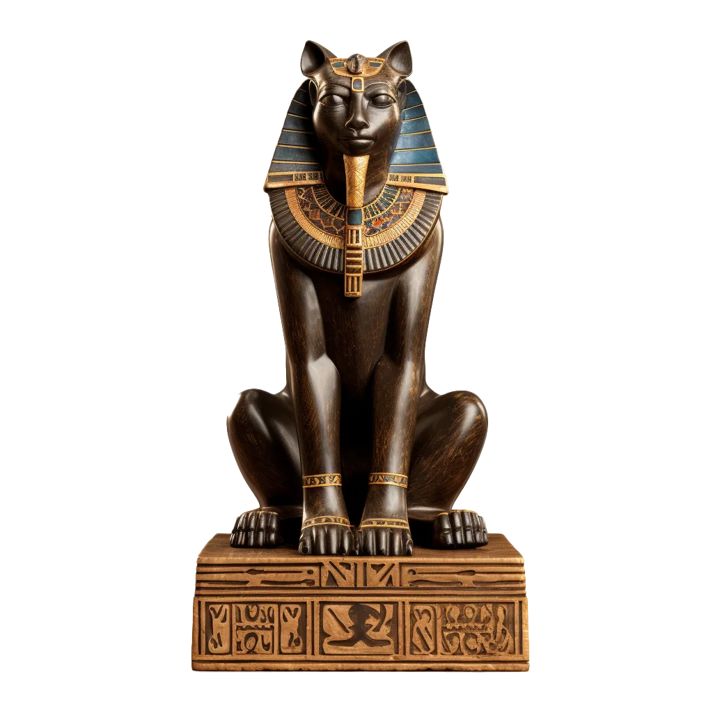 Egyptian Cat Goddess Bastet Statue On Carved Base Free PNG