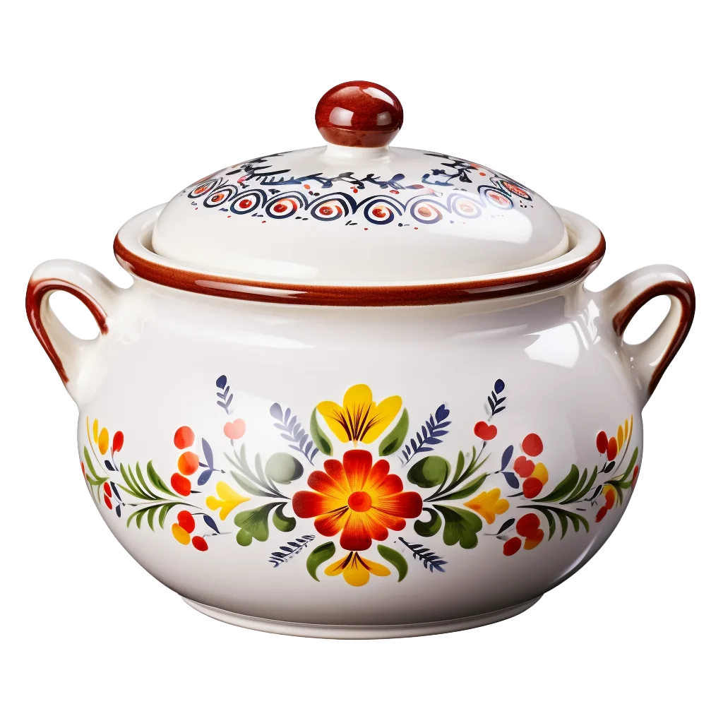 Folk Art Floral Ceramic Casserole Dish Pot Free PNG