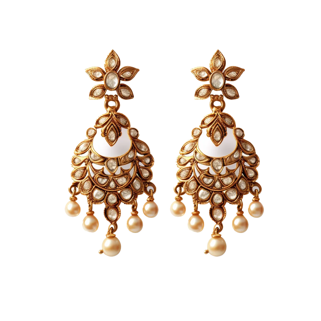 Ornate Floral Gold Drop Dangle Bridal Earrings Pair Free PNG