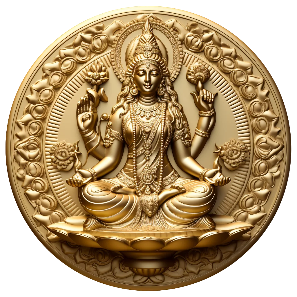 Goddess Lakshmi Seated Lotus Golden Coin Medallion Free PNG