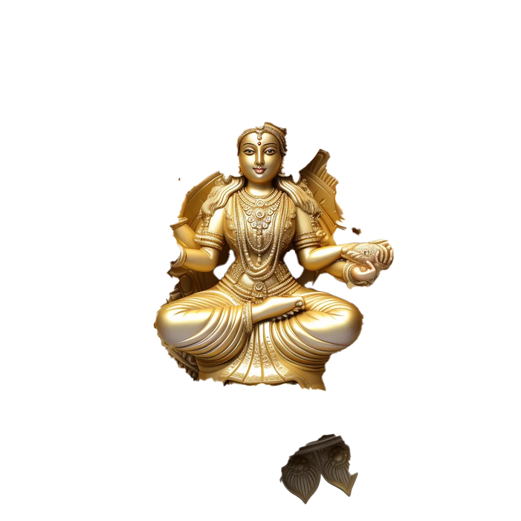 Goddess Saraswati Playing Veena Golden Idol Statue Free PNG