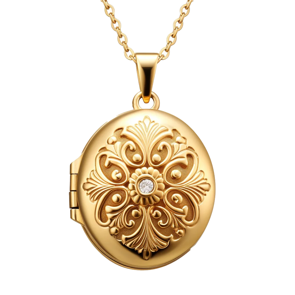 Embossed Gold Round Keepsake Locket Pendant Necklace Free PNG