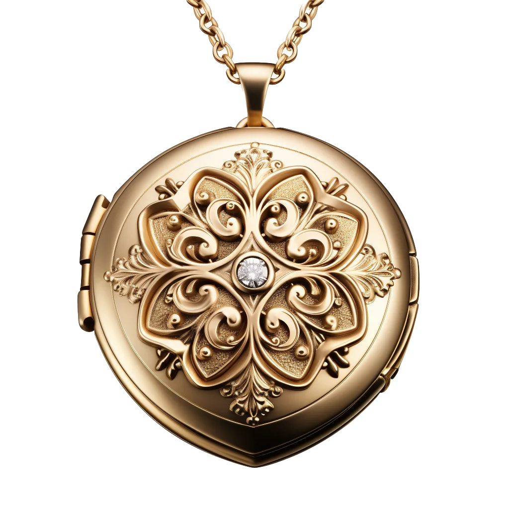 Vintage Floral Engraved Gold Locket Pendant Necklace Free PNG