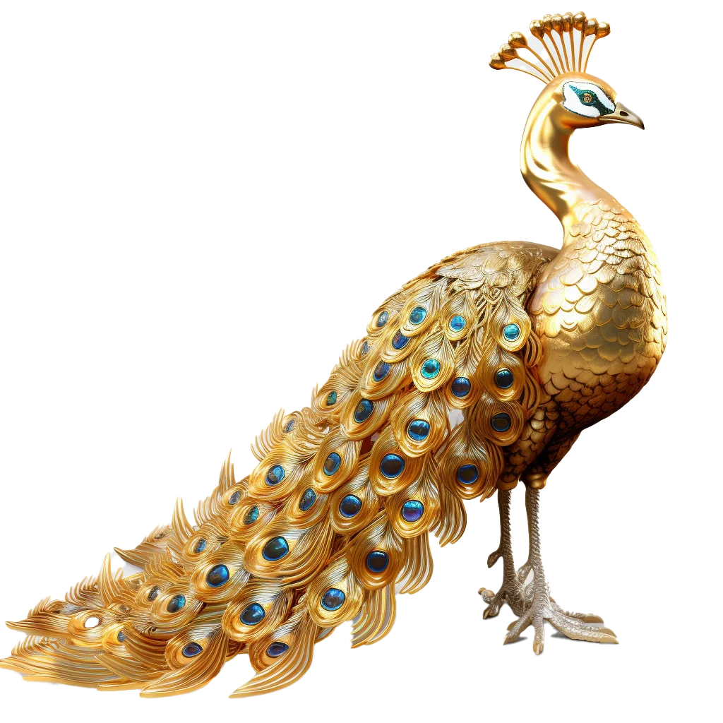 Ornate Brass Golden Peacock Bird Sculpture Free PNG