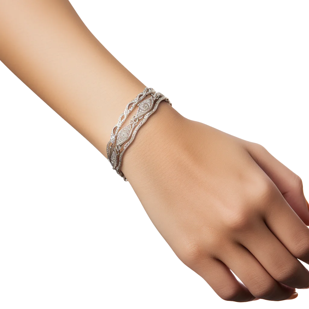 Woman Wrist Wearing Layered Silver Bangle Bracelets Free PNG