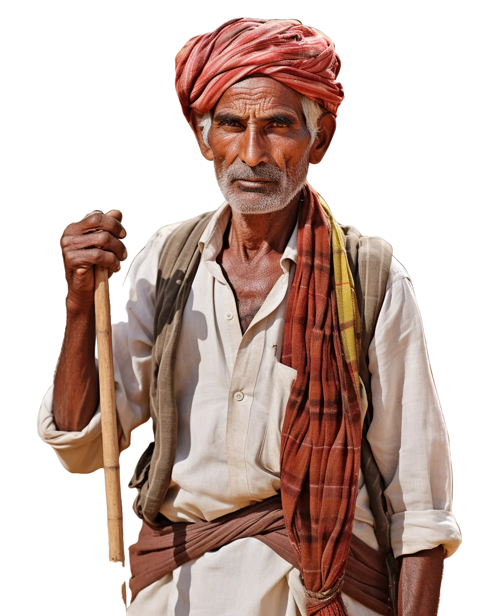 Senior Rural Indian Farmer With Staff Portrait Free PNG
